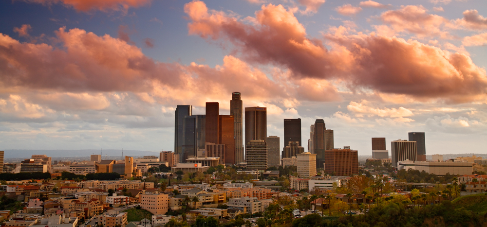 Los Angeles city skyline in the evening, Los Agneles, California.